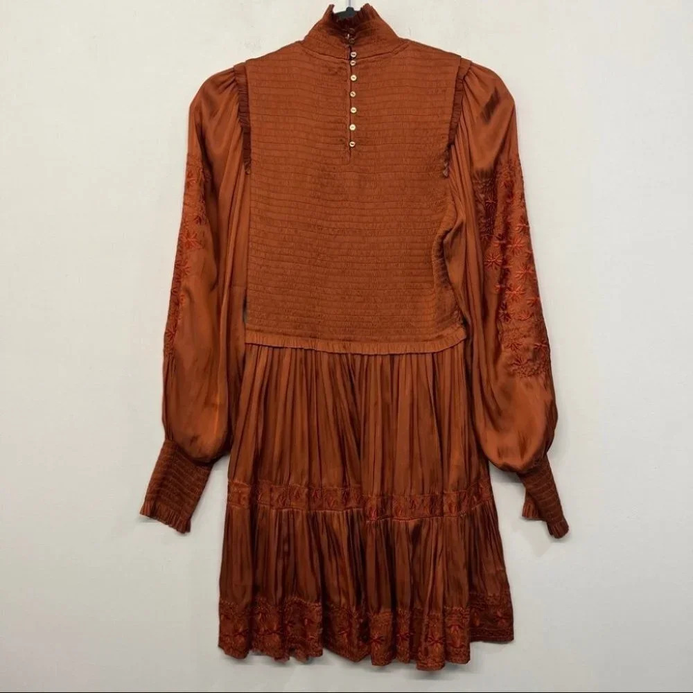 Ulla Johnson‎ Angelica Mini Dress Orange Rust 2 Smocked Embroidered Turtleneck - Picture 9 of 14